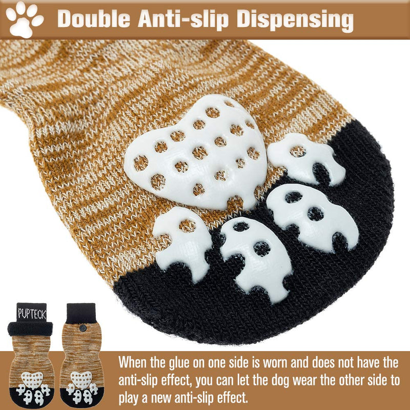 PUPTECK Double Side Anti-Slip Dog Socks with Adjustable Straps for Indoor Wear - 2 Pairs Pet Paw Protection Traction Control Socks on Hardwood Floor Small (2 Pair) Khaki - PawsPlanet Australia