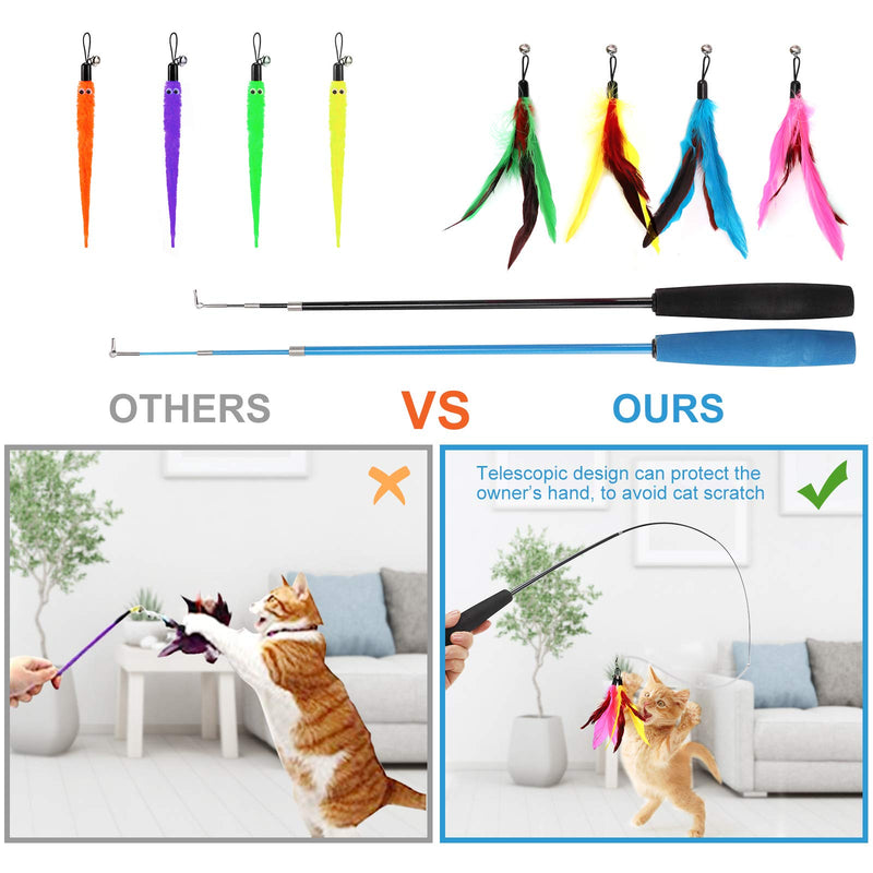 NASHRIO Cat Feather Toys, 2 Interactive Retractable Cat Teaser Wand with 8 Refills with Bells and Feather Activity Toys to Exercise Cats and Kittens - PawsPlanet Australia