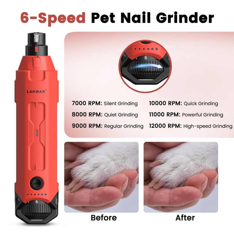 LAKWAR Upgraded 6 Speed Dog Nail Grinder with 2 LED Lights, Quiet Painless Powerful Pet Nail Trimmer for Dogs, Electric Nail File for Cats and Large Small Red - PawsPlanet Australia