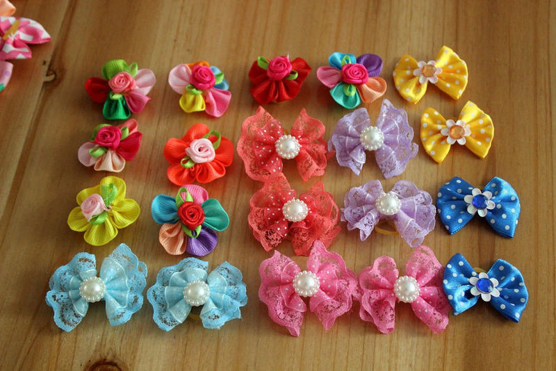 Masue Pets 50pcs in Pairs Dog Hair Bows with Rubber Bands Rhinestone Pearls Bows Bowknot Bows Dog Topknot Bows Cute Dog Hair - PawsPlanet Australia