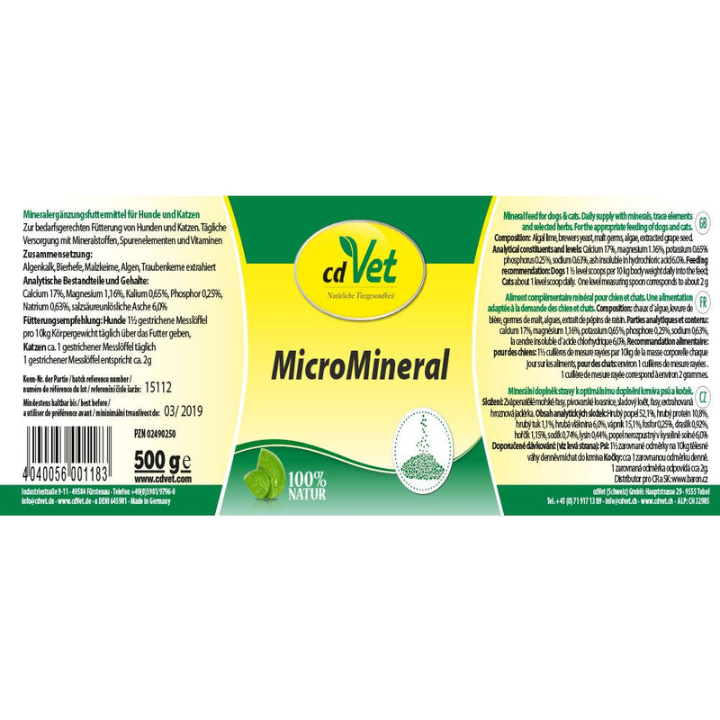 cdVet MicroMineral Dog & Cat 500g - nutritional supplement for pets with minerals and trace elements such as magnesium and calcium as well as vitamins 500 g single - PawsPlanet Australia