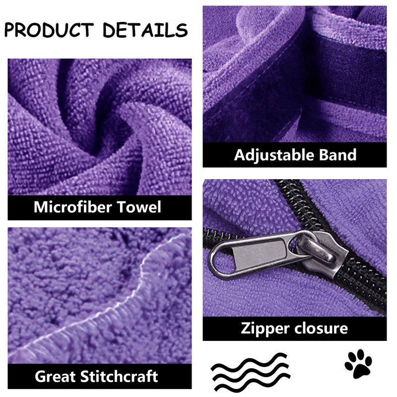 Premium Microfiber Dog Drying Bag - Quickly Removes Water Mud and Dirt - Extra Absorbent Towel Solution with Durable Hook and Loop Neck Strap-Purple-XS XS Purple - PawsPlanet Australia