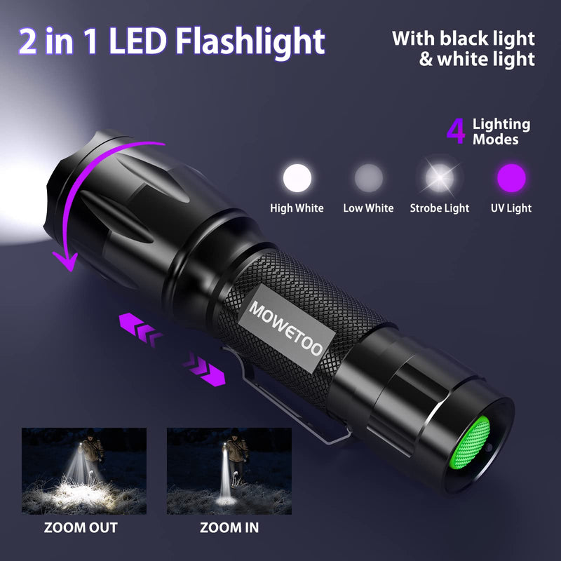 MOWETOO flashlight, UV lamp 2 in 1 UV lamp light LED flashlight, 395nm ultraviolet flashlight 4 modes, detector for fake banknotes, urine from dogs and other pets 40W - PawsPlanet Australia
