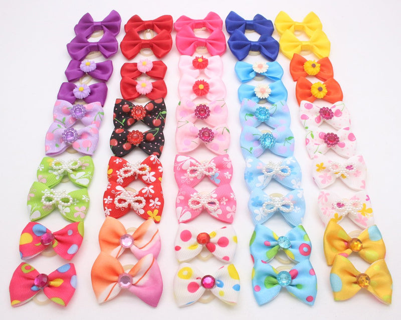 HOLLIHI 50pcs / 25 Pairs Adorable Grosgrain Ribbon Pet Dog Hair Bows with Rubber Bands - Puppy Topknot Cat Kitty Doggy Grooming Hair Accessories Bow knots Headdress Flowers Set for Groomer - PawsPlanet Australia