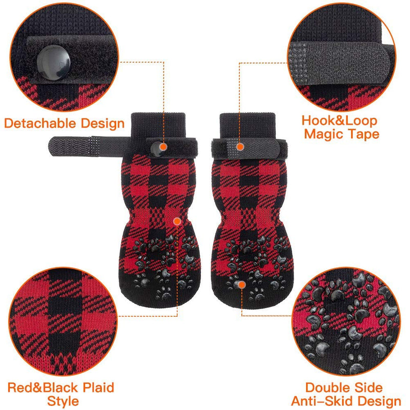 SCENEREAL Dog Socks Anti Slip with Straps Traction Control 3 Pairs Set - Plaid Paw Protector for Floor Indoor, Non-Skid Design for Small Medium Dogs Cats Puppy Red/Black - PawsPlanet Australia