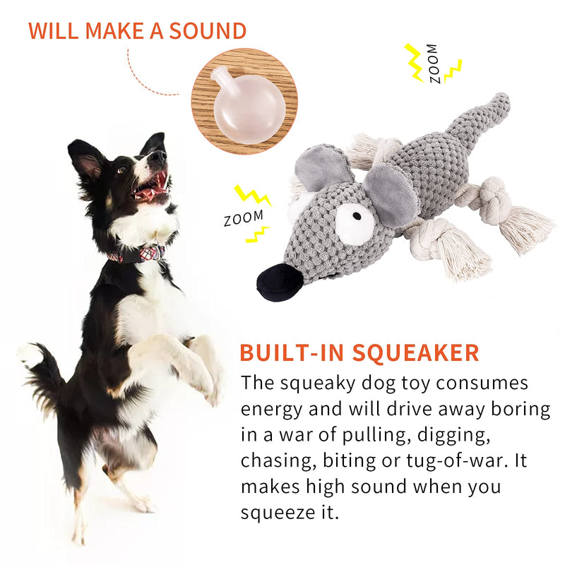 MeowWang Plush Dog Toys, Squeaky Interactive Puppy Stuffed Dog Toy with Crinkle Paper Tug of War Durable Chew Toys for Small and Medium Dogs… Grey (mouse) - PawsPlanet Australia