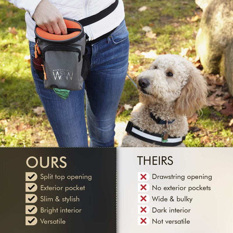 Upgraded Dog Treat Bag with Neoprene Split-Top; Stylish, Quality Dog Training Treat Pouch with XL Shoulder Strap, Belt and Belt Clip, Exterior Storage Pocket for XL Phone and Keys Charcoal Grey,Orange - PawsPlanet Australia