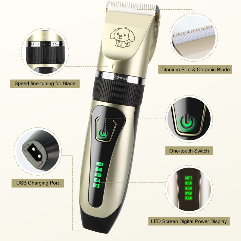 JOPHEK Dog Clipper, Quiet Dog Cat Hair Trimmer, Professional Cat Trimmer - Electric Wireless Pet Trimmer (Golden) Golden - PawsPlanet Australia