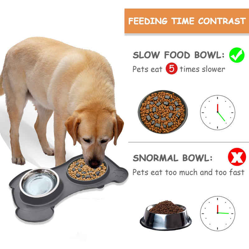 2 in 1 Slow Feeder Dog Bowl & Water Bowl Silicone Set - Stainless Steel Water & Food Dish Bowls with Non-Toxic, No Spill, Non Slip, Silicone Mat for Small / Medium Pet, Grey - PawsPlanet Australia
