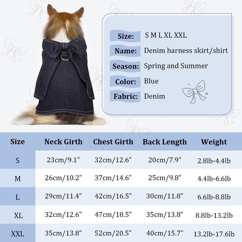 Dog Harness Shirt with Leash D Ring, No Pull Pet Vest for Small Dogs and Cats, Soft and Comfy Escape Proof Puppy Skirt with Cute Bow for Walking Outdoor, Summer Dog Denim Clothes Outfits X-Large - PawsPlanet Australia