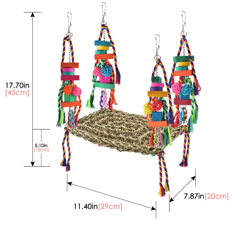 KATUMO Bird Toys, Bird Foraging Wall Toy, Edible Seagrass Woven Climbing Hammock Swing Mat with Colorful Chewing Toys, Suitable for Lovebirds, Finch, Parakeets, Budgerigars, Conure, Cockatiel - PawsPlanet Australia