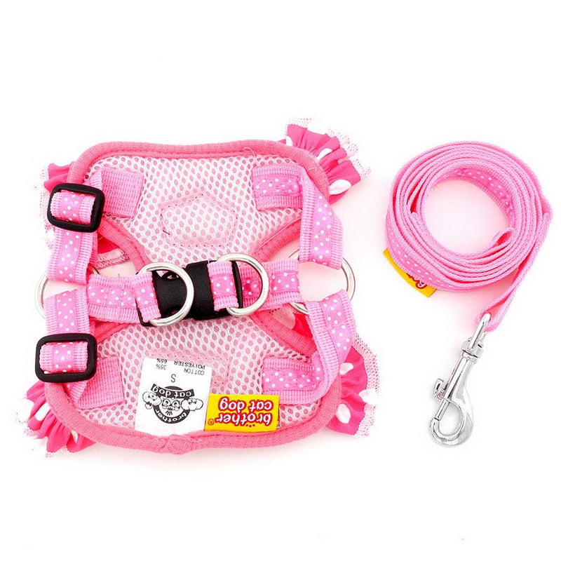 [Australia] - SMALLLEE_LUCKY_STORE Polka Dot Small Dog Cat Harness Vest with Ruffles,Soft Mesh Harness and Leash Set for Girls No Pulling Adjustable M (chest 34cm / 13.4") Pink 