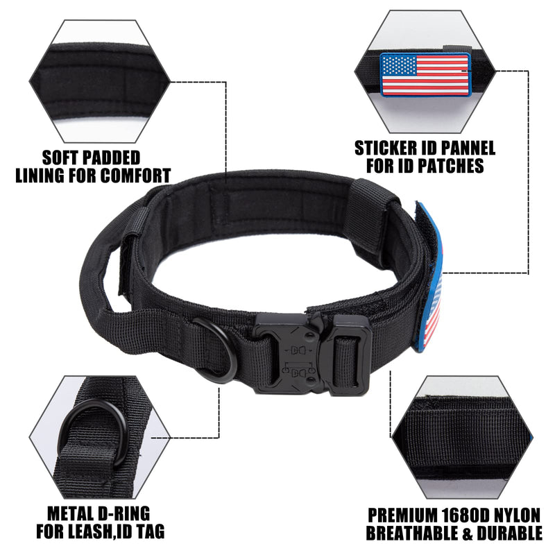 Tactical Dog Collar - Military Dog Collar for Medium Large Dogs - Adjustable Nylon Collars with Handle - Heavy Duty K9 Collar with Metal Buckle - 3 Patches Included Black Medium (14"~19") - PawsPlanet Australia
