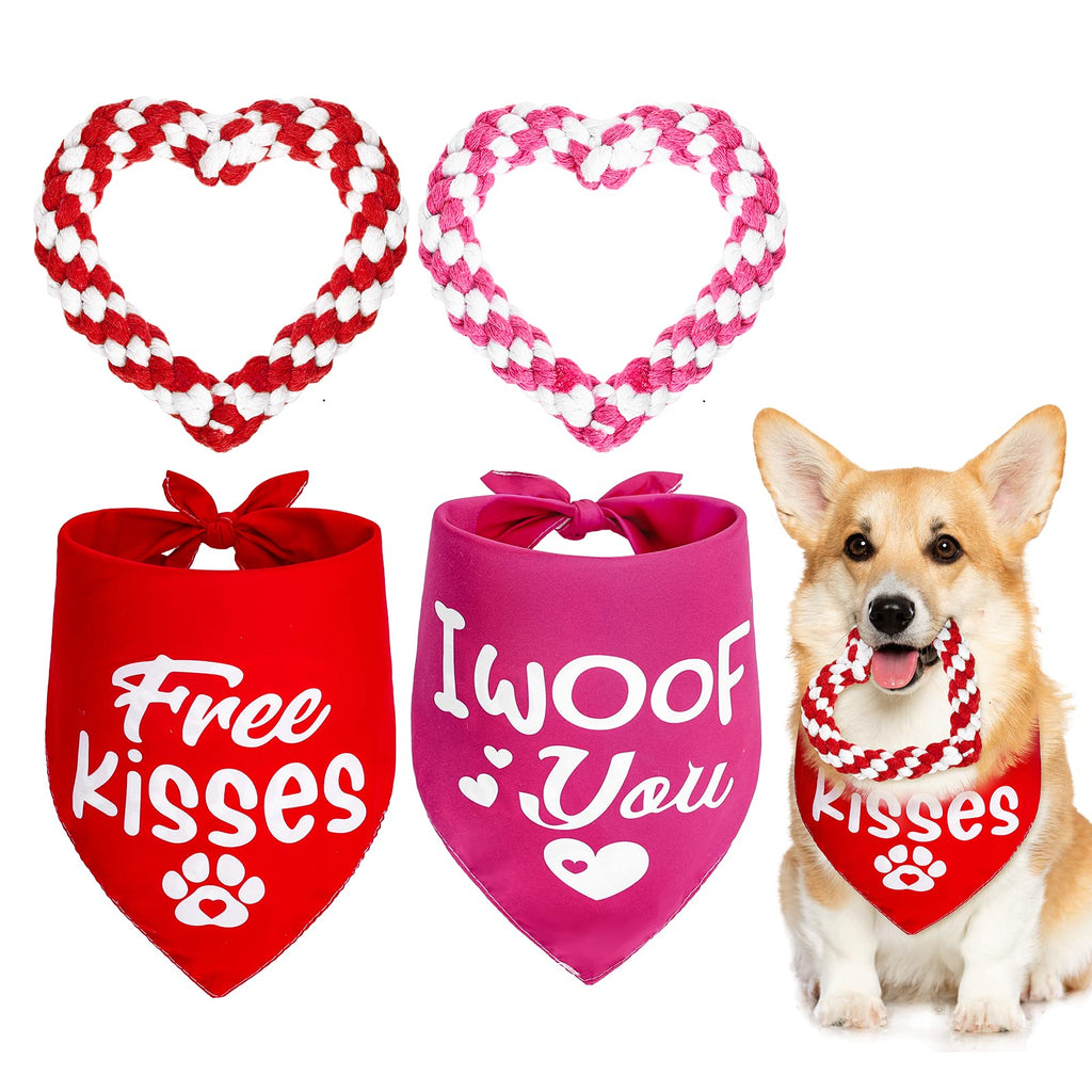 Whaline 4 Pack Valentine's Day Dog Chewing Toys and Dog Bandana Toy Kit Red White Heart Shape Cotton Rope Toys Paw Printed Dog Scarfs for Small Medium Puppy Dog Cat Teeth Cleaning Supplies Pet Gifts - PawsPlanet Australia