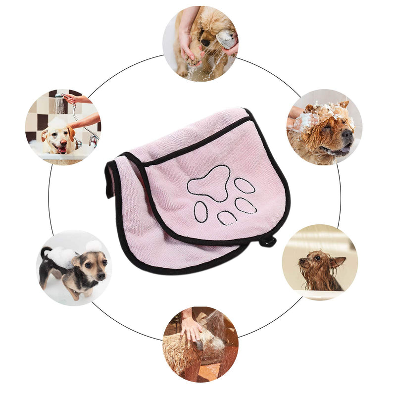 HelloCreate Pet Towels, Super Absorbent Bath Towel for Pet, Quick Dry Pet Drying Towel with Pocket for Cats Dogs Bathrobe Towel (Pink+Grey) - PawsPlanet Australia