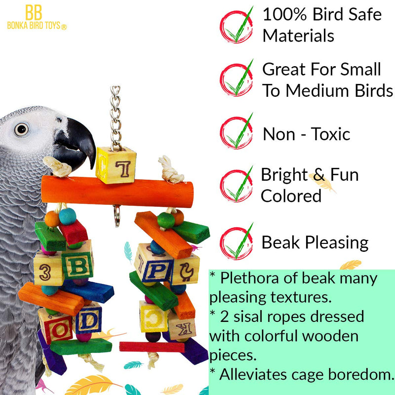 [Australia] - Bonka Bird Toys 1942 ABC Pickle Bird Toy Parrot cage African Grey Cockatiel Conure Large Wood Amazon Macaw Block chew Heavy Duty Swing Perch Aviary Supplies Best Rope chewers Beak Foraging 