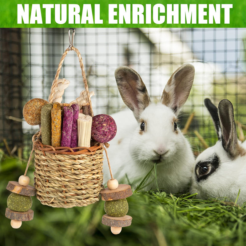 Sofier Rabbit Toys Bunny Toys Hamster Toys Guinea Pig Toys Natural Seagrass Hanging Basket with Timothy Hay Treats Apple Wood Stick Handmade Rabbit Chew Toys for Teeth Chinchilla Rat - PawsPlanet Australia