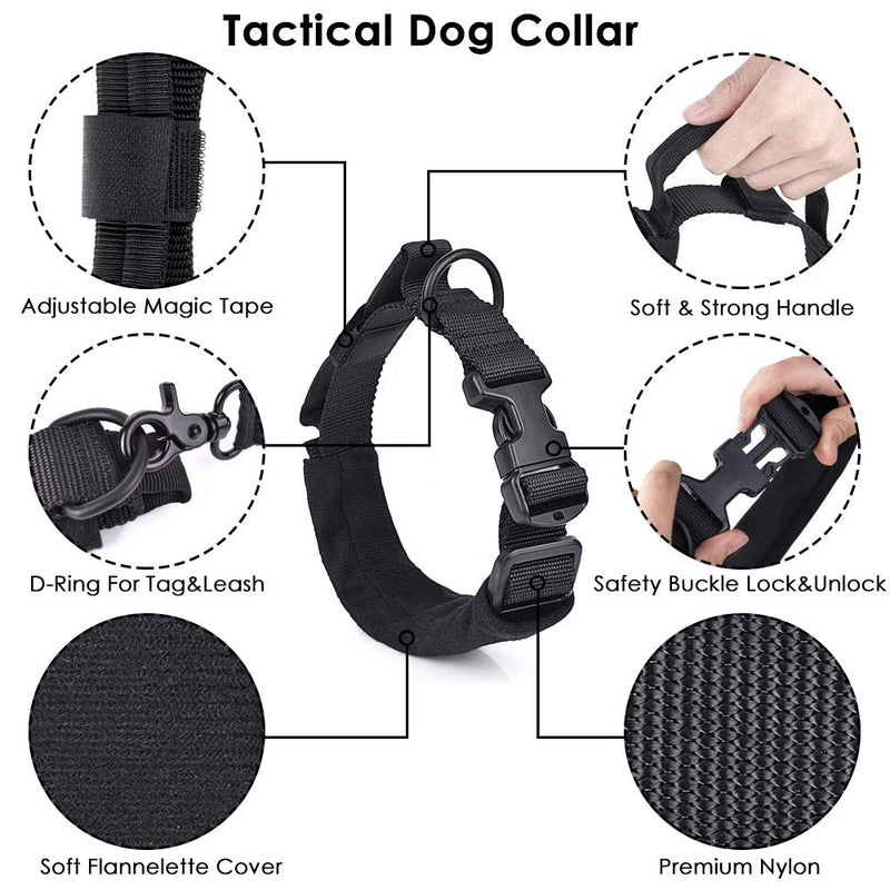[Australia] - Lukovee Tactical Dog Collar and Leash Set, Adjustable Military Training Nylon Collar and Hands Free Heavy Duty Bungee Lead with Soft Cover Control Handles Quick Release Buckle for Dogs Daily Walks New Black 