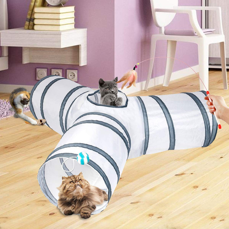 Cat Tunnel, Cat Tunnels for Indoor Cats, Tube Cat Toys 3 Way Collapsible, Kitty Tunnel Bored Cat Pet Toys Peek Hole Toy Ball Cat, Puppy, Kitty, Kitten, Rabbit White - PawsPlanet Australia