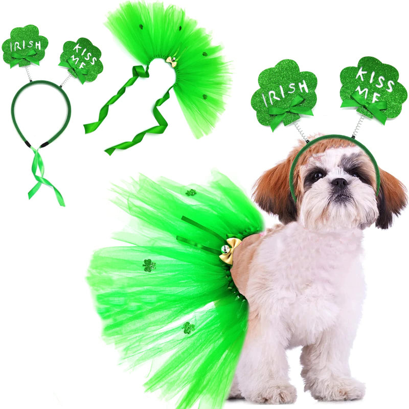 St Patrick's Day Costume 2 Pieces Dog Tulle Tutu Skirt Bowknot Hair Hoop with Shiny Shamrock, Green Irish Lace Dress Cute Headband Holiday Clothes for Medium Large Girl Dogs Cat Parties Decoration Bowtie - PawsPlanet Australia