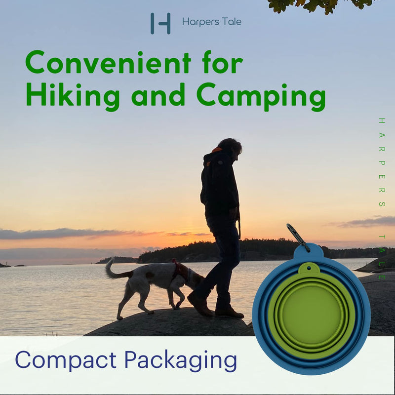 Harpers Tale Two pack Collapsible Travel Dog Bowl -1000ml Blue and 400ml Green with Carabiner Clip Integrated Molding Food Safe Silicone Lightweight Leak-Proof No Plastic Rim - PawsPlanet Australia