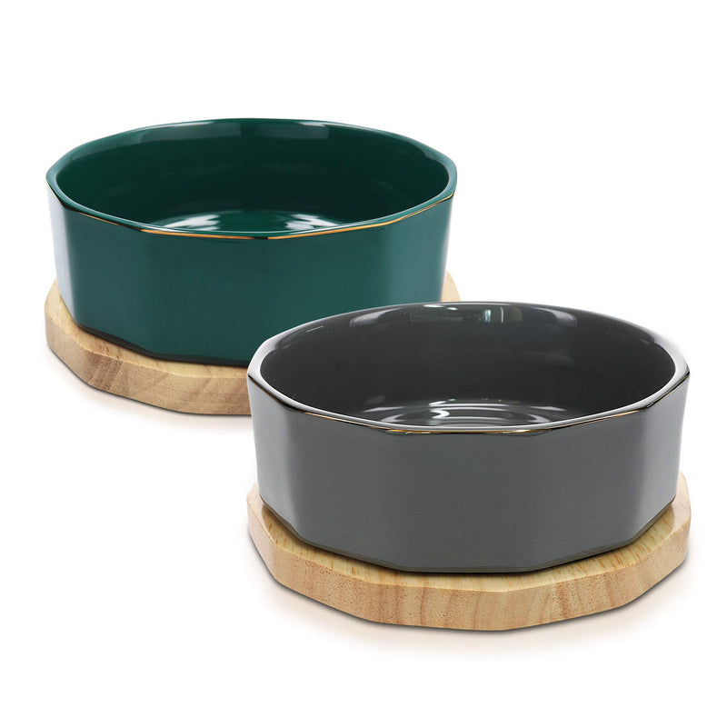 Navaris Ceramic Dog Bowl - Set of 2 800ml Water or Food Bowls for Pet Dogs and Cats with Non Slip Oak Wood Underlay - Ceramic Bowls - Grey, Petrol Dark Green - PawsPlanet Australia