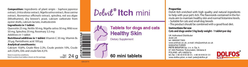 PETS Dolfos Dolvit Itch mini Healthy Skin for Cats and small Dog breeds 60 mini tablets - PawsPlanet Australia