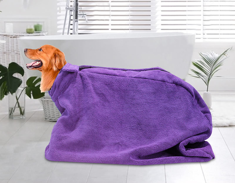 Premium Microfiber Dog Drying Bag - Quickly Removes Water Mud and Dirt - Extra Absorbent Towel Solution with Durable Hook and Loop Neck Strap-Purple-XS XS Purple - PawsPlanet Australia