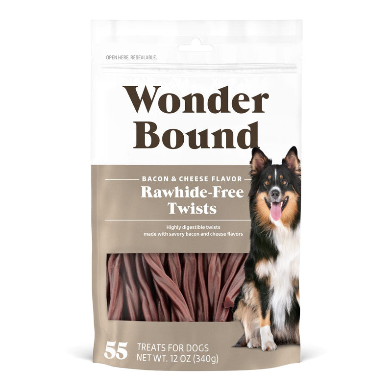 Amazon Brand - Wonder Bound Rawhide-Free Dog Treats, Bacon & Cheese Twists, 55 Count Bacon Cheese Twists - PawsPlanet Australia