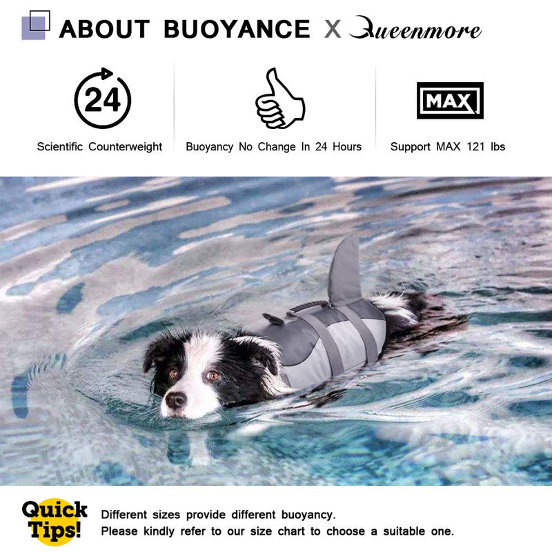 [Australia] - Queenmore Dog Life Jacket, Ripstop Life Vest for Small, Middle, Large Size Dogs, Fish Style Floatation Vest with Adjustable Soft Rubber Handle X-Small Grey Shark 