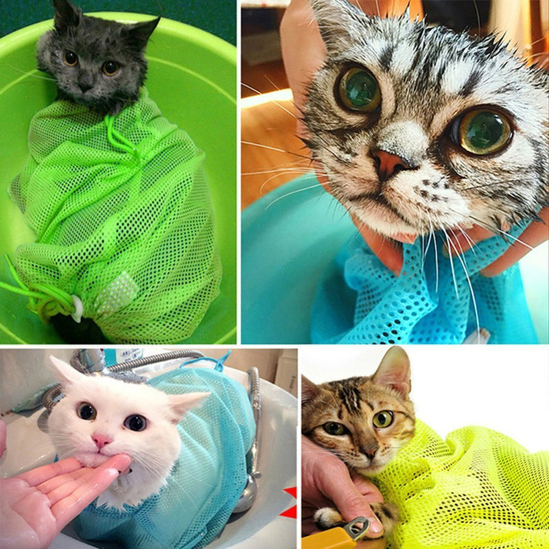 [Australia] - TECH-P Creative Life Adjustable Multifunctional Polyester Cat Washing Shower Mesh Bags Pet Nail Trimming Bags-Pink 