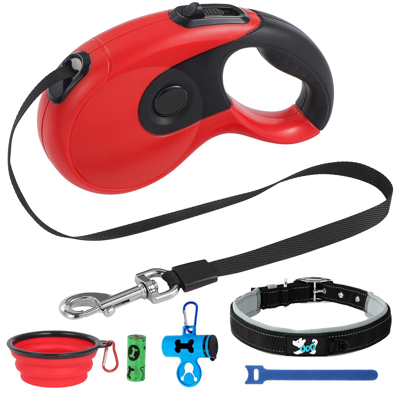 KEESIN retractable dog leash, retractable dog leash, retractable dog leash, retractable dog leash with folding tray, garbage bag, collar for anti-tangle nylon strap and 360° swivel hook (red, 5M) red - PawsPlanet Australia
