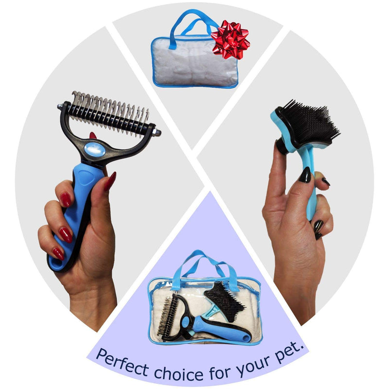 [Australia] - Pet H&C Grooming Tools for Cats and Dogs with Medium to Long Hair, Dual Sided 9X17 Teeth Rake, Comb and Brush Plus Zipper Bag kit, Gently and Safe Removes Loose Hair, Eliminates Tangles, Knots. 