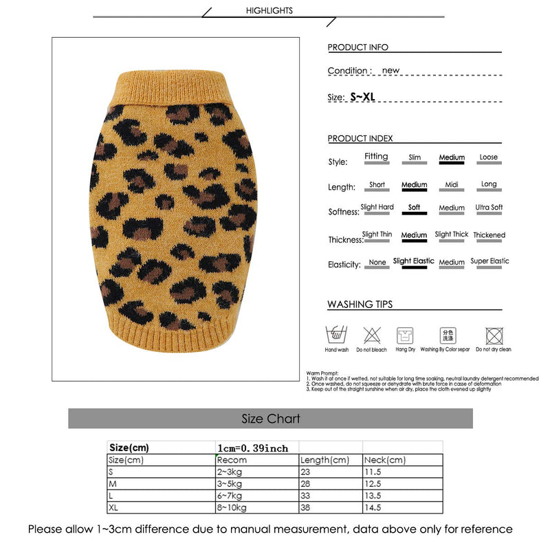 Petyoung Dog Sweater Vest Leopard Pattern, Pet Soft Knitting Wool Sweaters Knitted Crochet Winter Warm Coat Clothes for Small Medium Dogs S yellow - PawsPlanet Australia