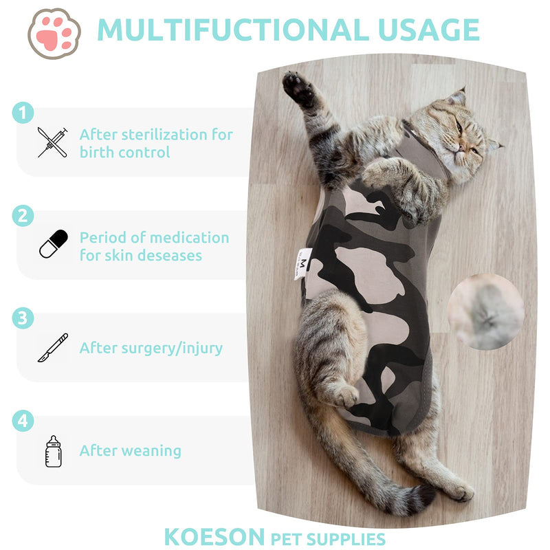 KOESON Camo Cat Surgical Recovery Suit for Abdominal Wounds Skin Diseases, Breathable Kitten After Surgery Wear Anti-Licking Pet Shirt, Adjustable E-Collar Bandages Alternative for Cats Dogs Small - PawsPlanet Australia