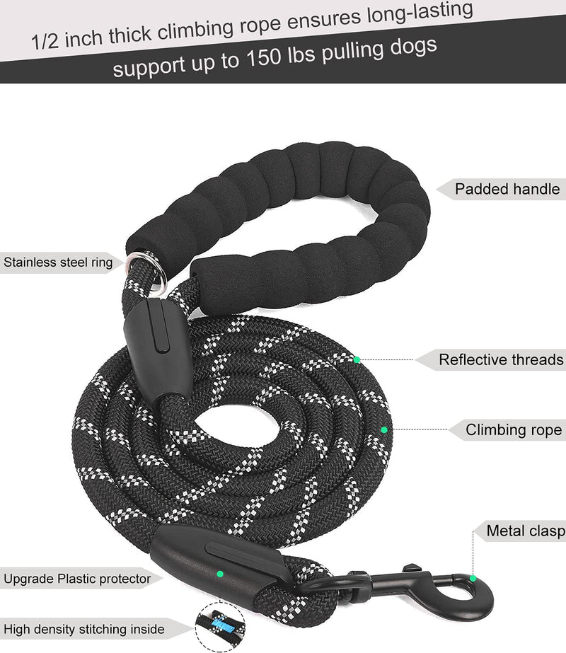 HTIAITH 5 FT Heavy Duty Rope Leash with Comfortable Padded Handle and Highly Reflective Threads, Strong Dog Leash for Small Medium and Large Dogs (5FTx1/2‘’)(Black) Black - PawsPlanet Australia