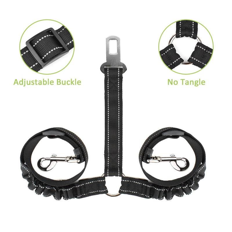 Lukovee Double Dog Seatbelt, Dual Pet Car Seat Belt Adjustable Double Dog Coupler Lead with Elastic Bungee and Reflective Stripe Black - PawsPlanet Australia