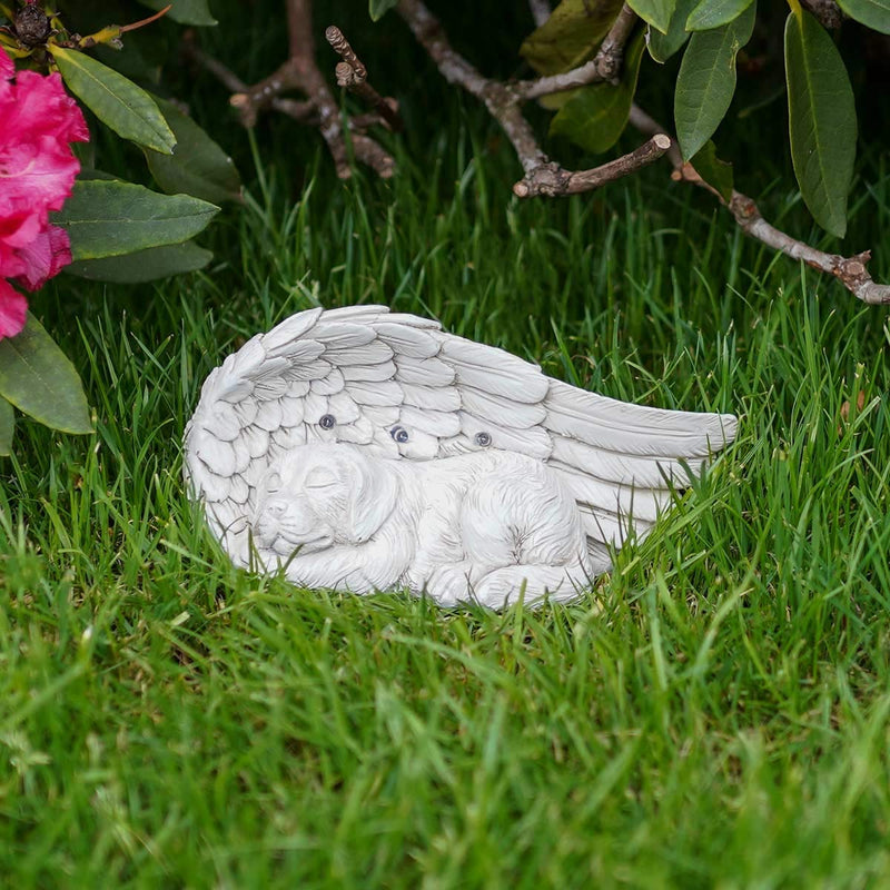 Festive Lights Tastefully and lovingly designed memorial stone with solar-powered LED lighting - including batteries, integrated solar panels and twilight switch, (angel wings with dog) angel wings with dog - PawsPlanet Australia