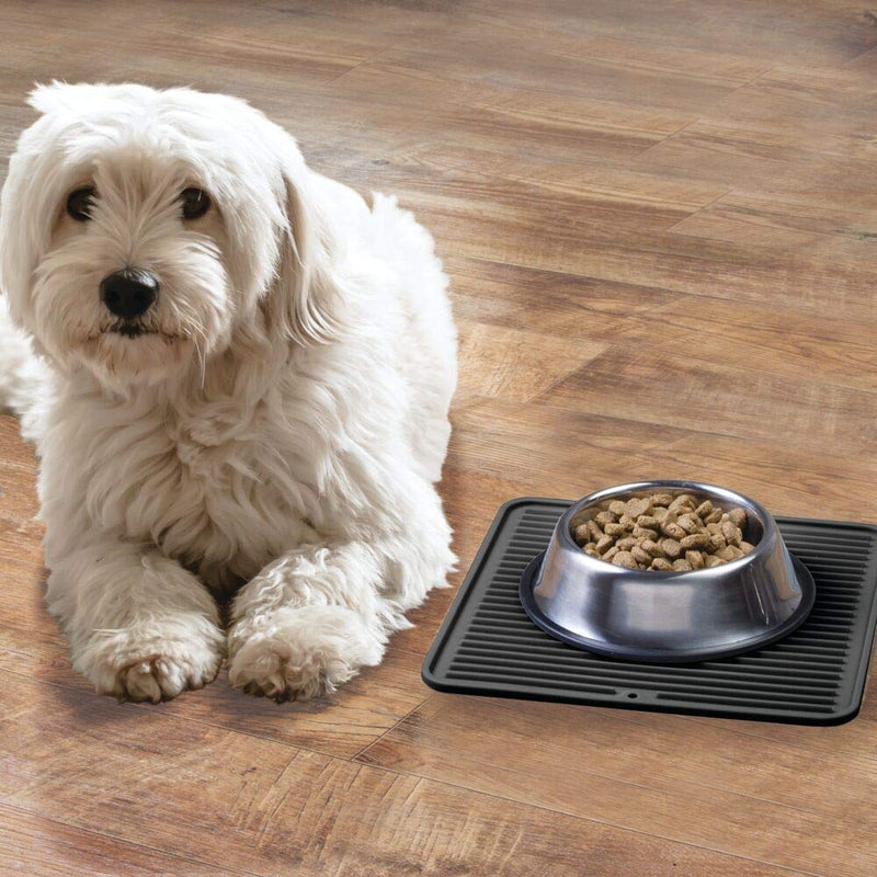 mDesign Silicone Pet Food Mat - Medium Quick Drying Dog and Cat Food Mat Protects from Spilling - Pet Feeding Mat - Dishwasher Safe - Black 30.5 x 30.5 cm - PawsPlanet Australia