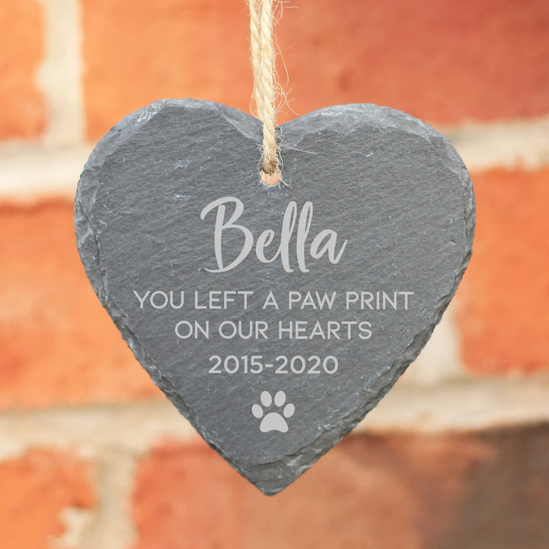 eBuyGB Personalised Slate Hanging Heart Decoration, Pet Memorial Plaque, You Left A Pawprint On Our Hearts Keepsake, Sympathy Gift, Cat/ Dog Loss Bereavement - PawsPlanet Australia