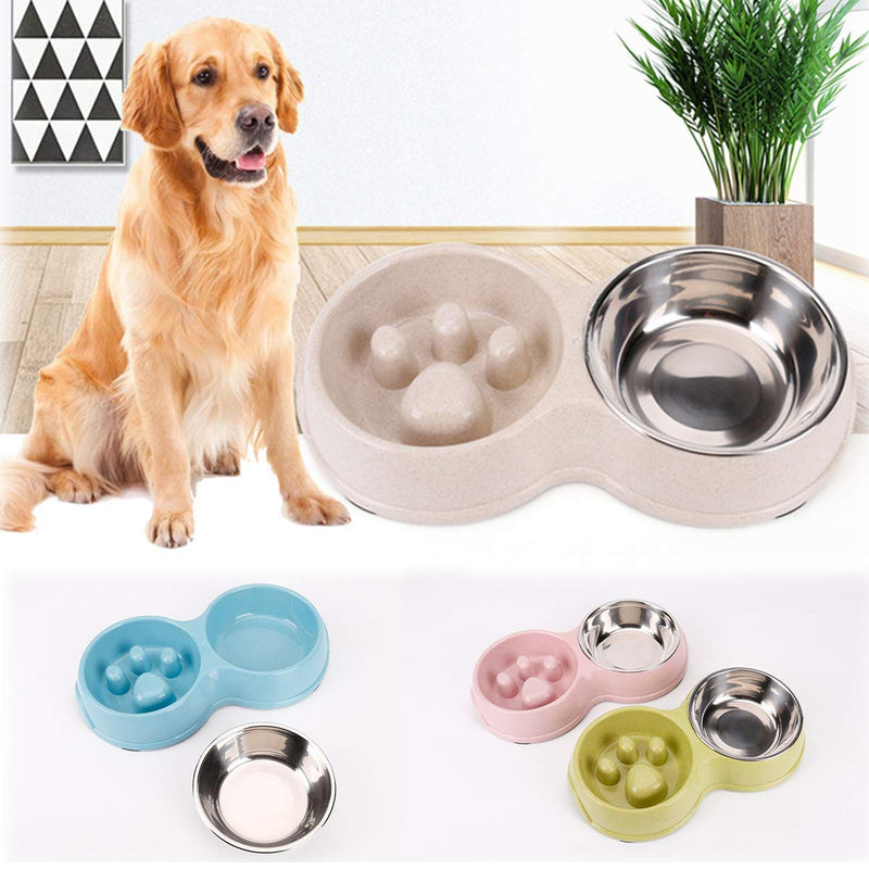 Rantow Double Dogs Bowls - Non-Slip Slow Feeder Dog Bowl Preventing Choking Fun Stainless Steel Pet Drink Water Bowl for Medium Small Dogs Cats (White) White - PawsPlanet Australia