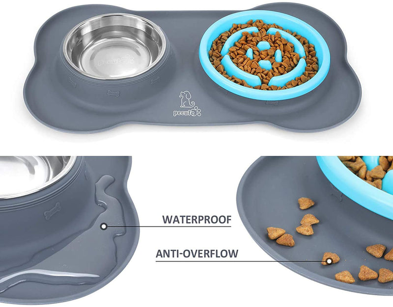 pecute 3-in-1 Slow Eating Dog Bowls with Non Slip Mat - BPA Free Slow Feeders Interactive Puzzle Dish for Dogs - Stainless Steel Bowls Non Spill Mats Tray - Great for Dogs Cats Slow Feeding(M, Blue) M(400ml/bowl) (Pack of 1) - PawsPlanet Australia