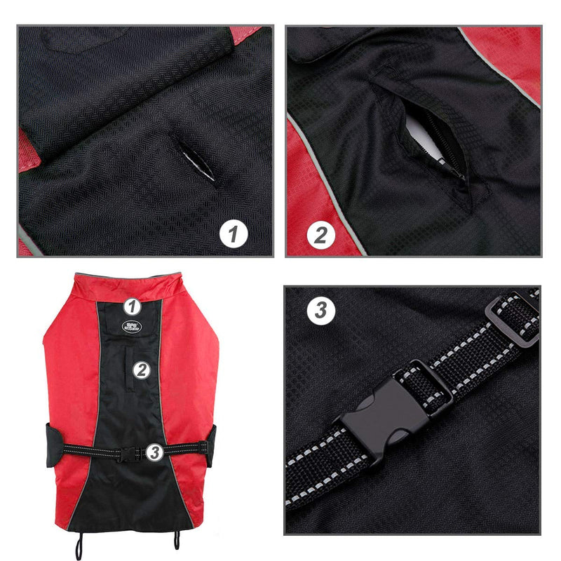 Bwiv Dog Jacket Cat Coat Pet Rainwear Belly Protector Reflective Strip Zipper Waterproof Windproof Winter Outdoor with Leash Hole Red 4XL (Back length 23.6" Chest 31.5-36.6") 4XL(Length:60cm/chest:80-93cm/Neck:60-68cm) - PawsPlanet Australia