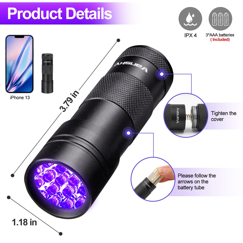 Black Light UV Flashlight ,Vansky Blacklight 12 LED Urine Detector for Dog/Cat/Pet Urine & Dry Stains and Bed Bug On Carpets/Rugs/Floor,Matching with Pet Odor Eliminator - PawsPlanet Australia