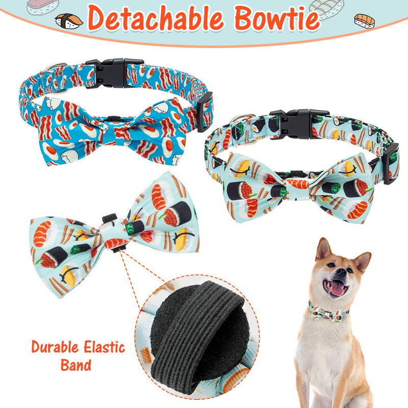 BINGPET Detachable Bow Tie Dog Collar 2 Pack - Soft Polyester Adjustable Doggy Collars Pet Accessories with Cute Sushi and Bacon Patterns for Puppies and Medium Dogs - PawsPlanet Australia