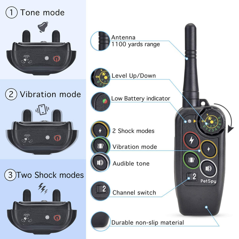 PetSpy M686 Premium Dog Training Shock Collar, 1100 Yards, Medium to Large Dogs, with Vibration, Electric Shock and Beep, Waterproof, Remote Trainer - PawsPlanet Australia