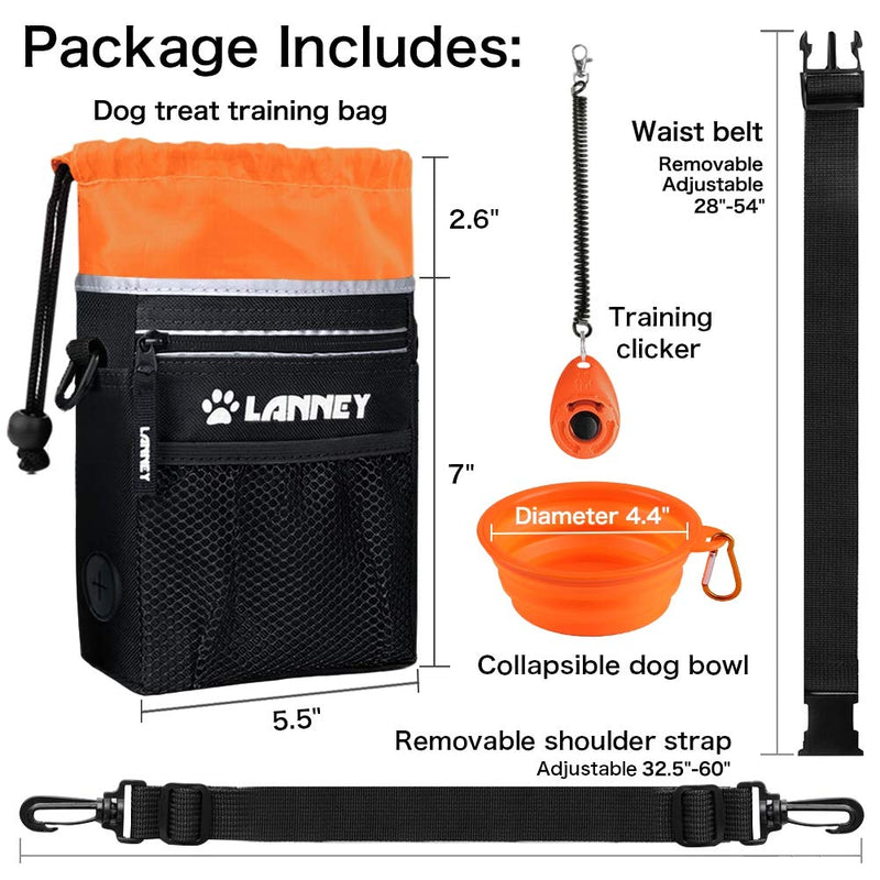 [Australia] - LANNEY Dog Treat Pouch Pet Training Bag for Small to Large Dogs, Treat Tote Carry Kibble Snacks Toys for Training Reward Walking, Metal Clip, Waist Belt, Shoulder Strap, Poop Bag Dispenser Pouch(Black with Orange)+Clicker+Bowl 