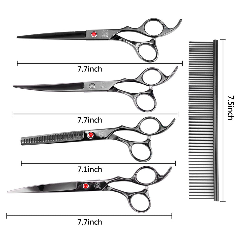 Dog grooming scissors set kit table cutting face paws groomer Thinning Straight Curved shear buttercut blades large finger holes professional supplies for small dogs cats horses 5pcs-Black - PawsPlanet Australia