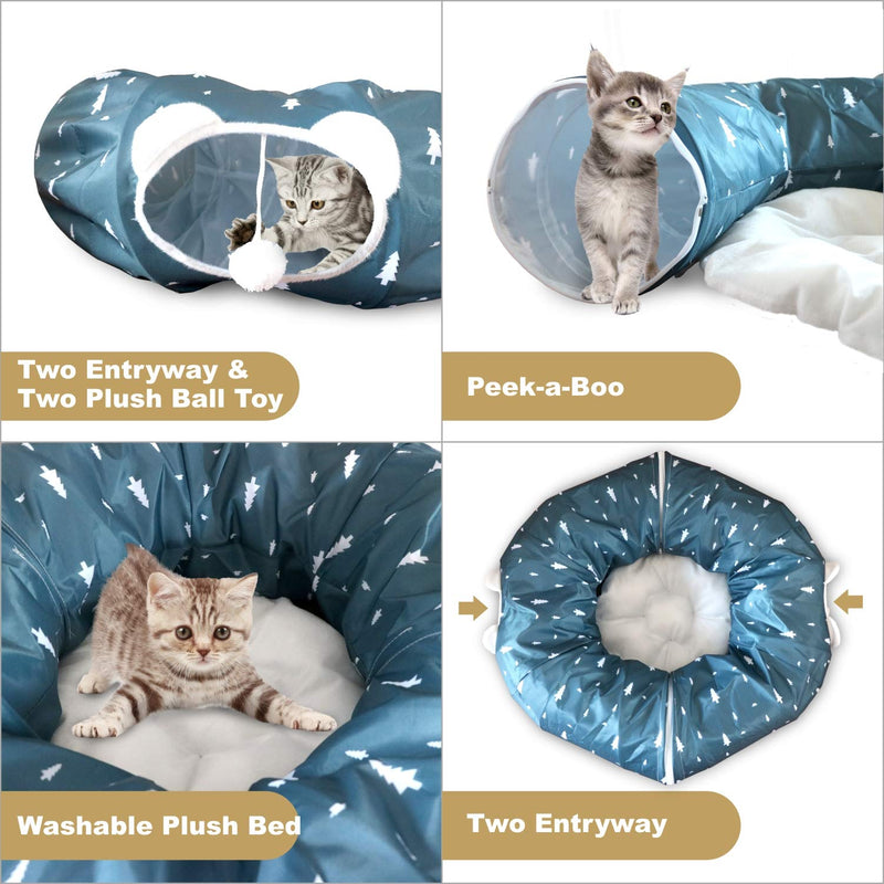 AUOON Cat Tube and Tunnel with Central Mat for Cat Dog, Soft Plush Material and Full Moon Shaped, Length 98" Diameter 9.8", 2 Color Blue - PawsPlanet Australia