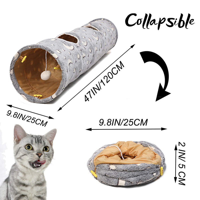 LUCKITTY Cat Tunnel Tube with Plush Ball Toys Collapsible Self-Luminous Photoluminescence, for Small Pets Bunny Rabbits, Kittens, Ferrets,Puppy and Dogs Grey Moon Star 47.2Inch - PawsPlanet Australia